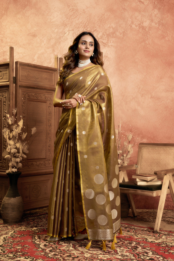 Pure Linen Silk Saree with All-Over Pola Weave & Detailed Pallu Border