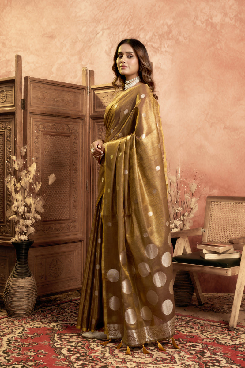 Pure Linen Silk Saree with All-Over Pola Weave & Detailed Pallu Border