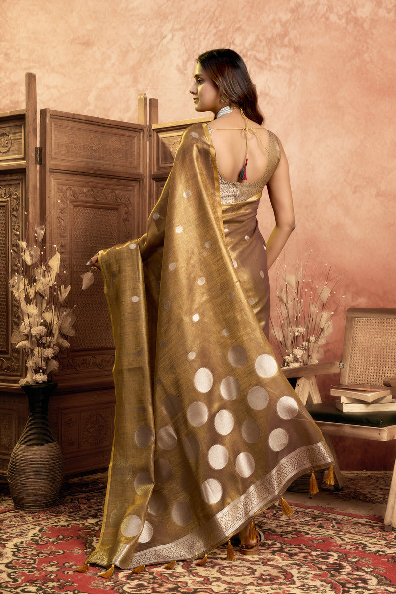 Pure Linen Silk Saree with All-Over Pola Weave & Detailed Pallu Border