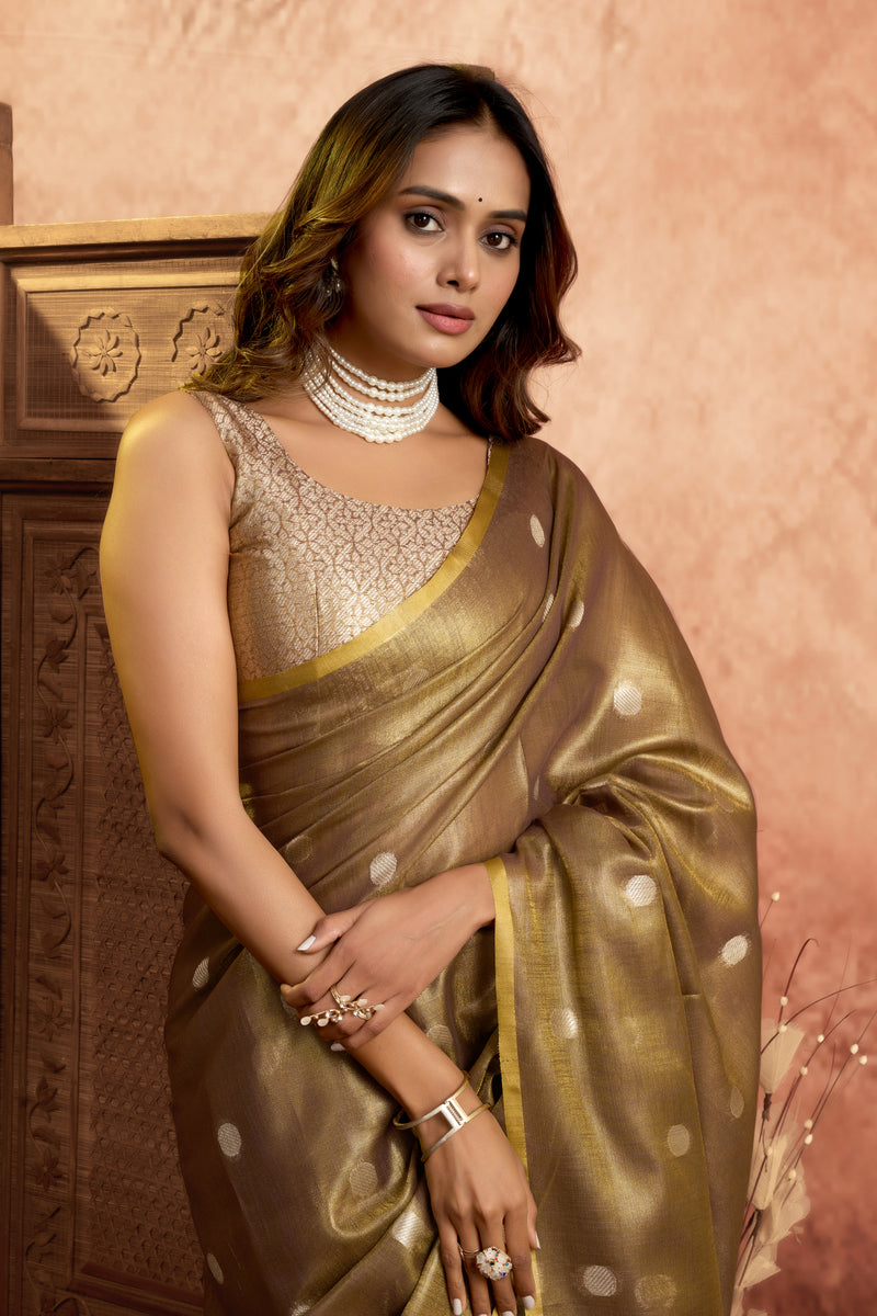 Pure Linen Silk Saree with All-Over Pola Weave & Detailed Pallu Border