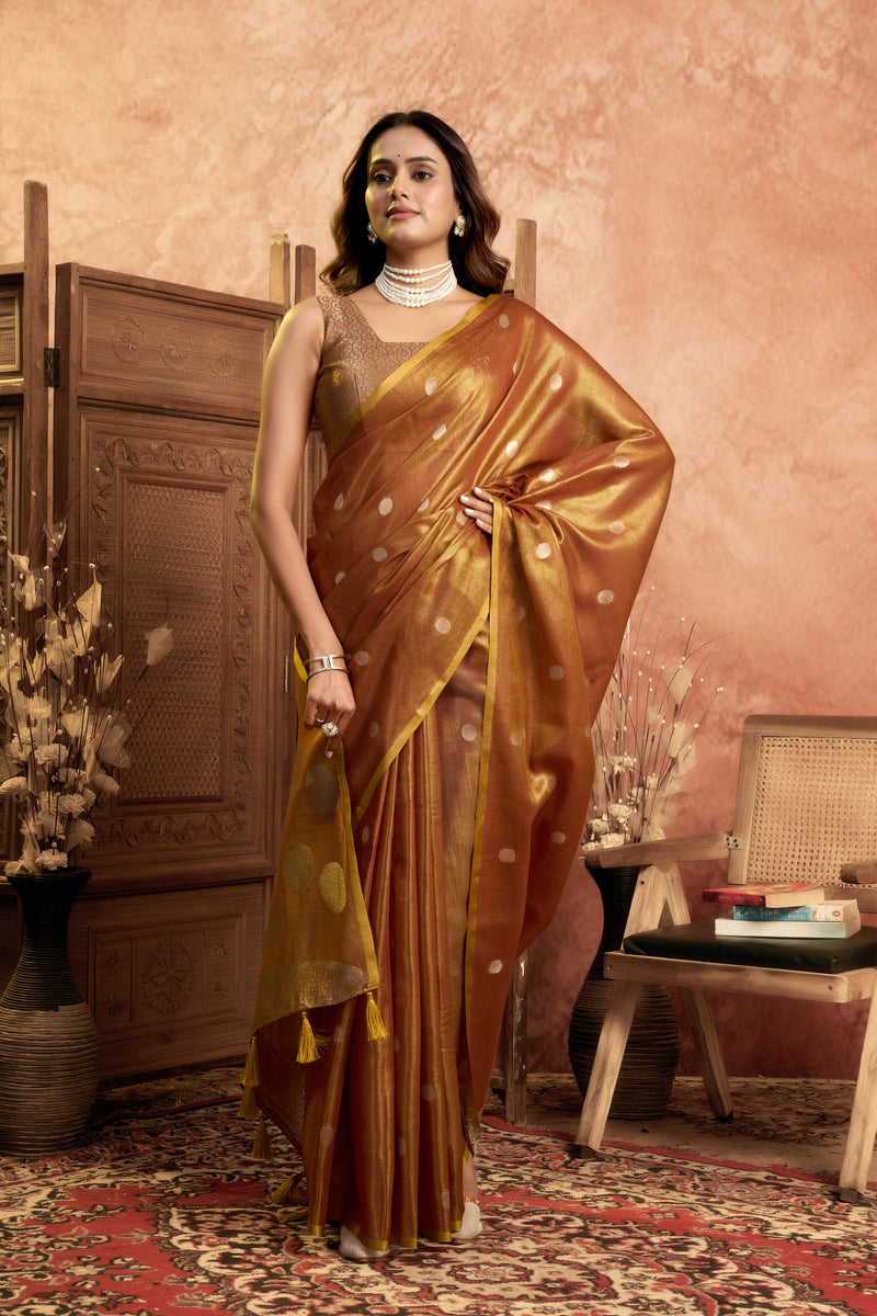 Pure Linen Silk Saree with All-Over Pola Weave & Detailed Pallu Border