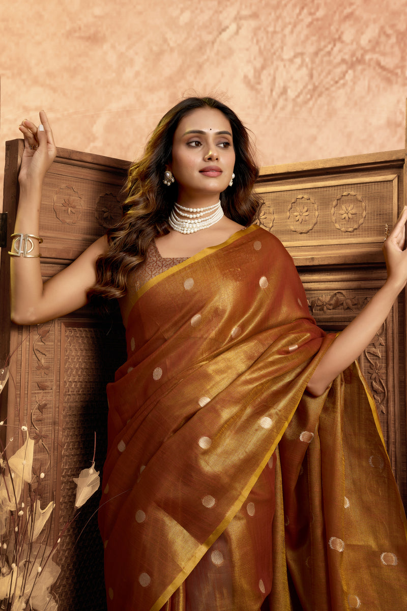 Pure Linen Silk Saree with All-Over Pola Weave & Detailed Pallu Border