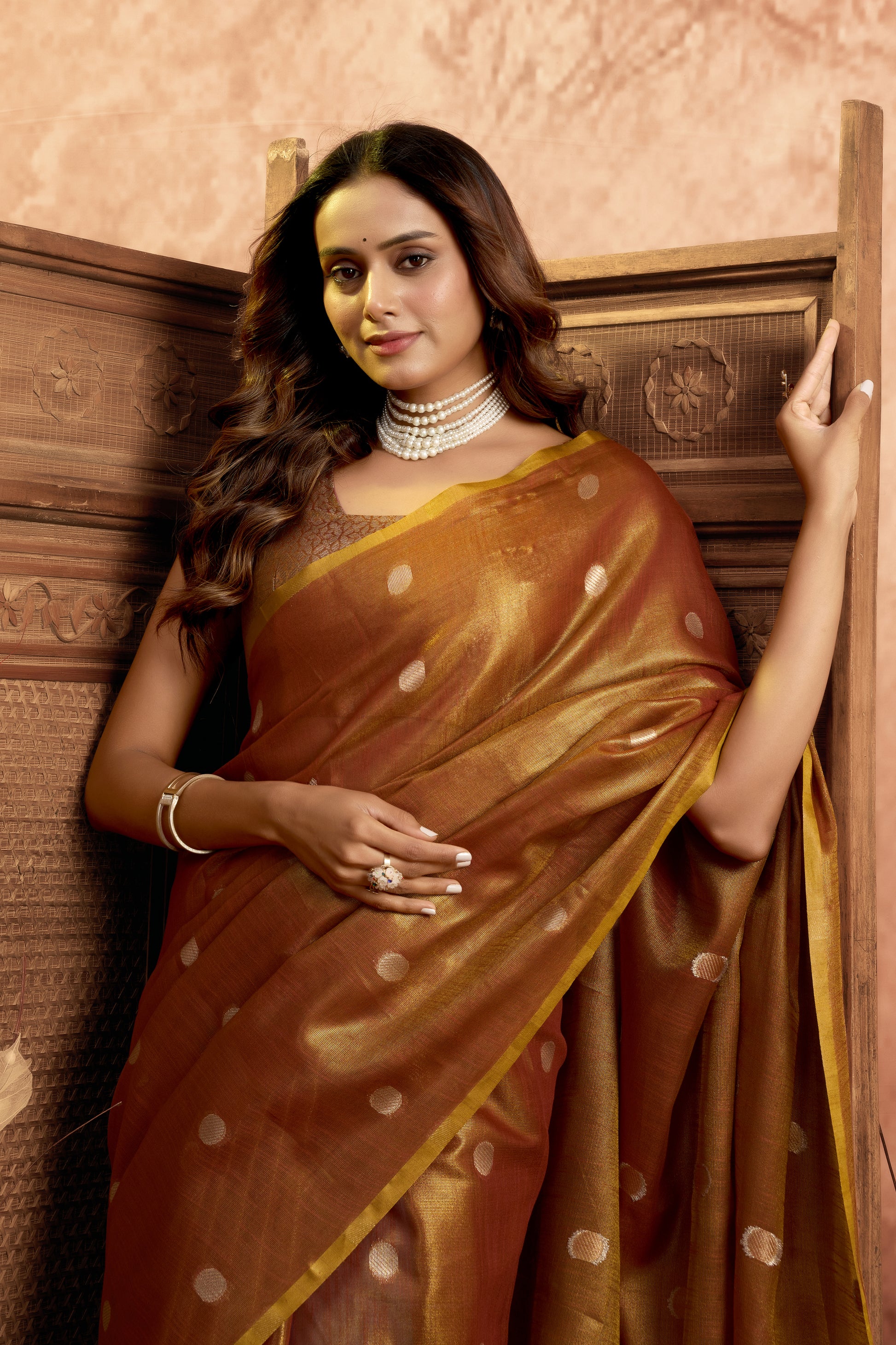 Pure Linen Silk Saree with All-Over Pola Weave & Detailed Pallu Border