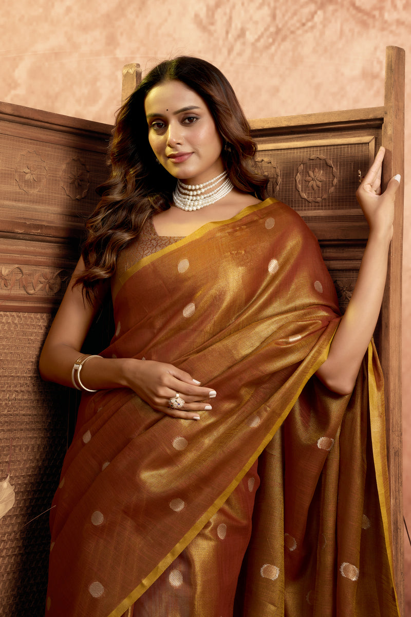 Pure Linen Silk Saree with All-Over Pola Weave & Detailed Pallu Border