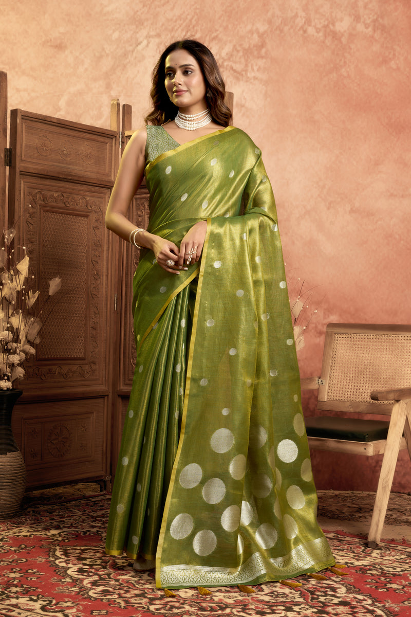 Pure Linen Silk Saree with All-Over Pola Weave & Detailed Pallu Border