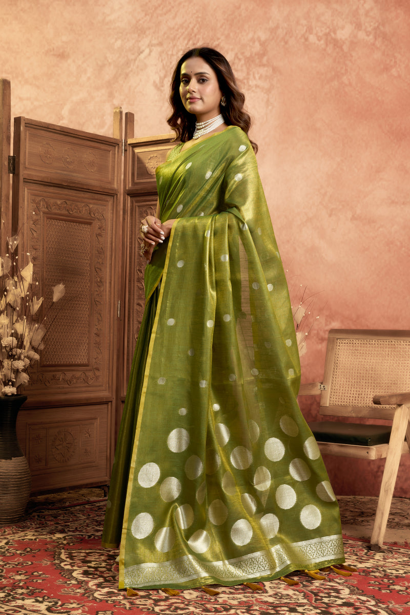 Pure Linen Silk Saree with All-Over Pola Weave & Detailed Pallu Border