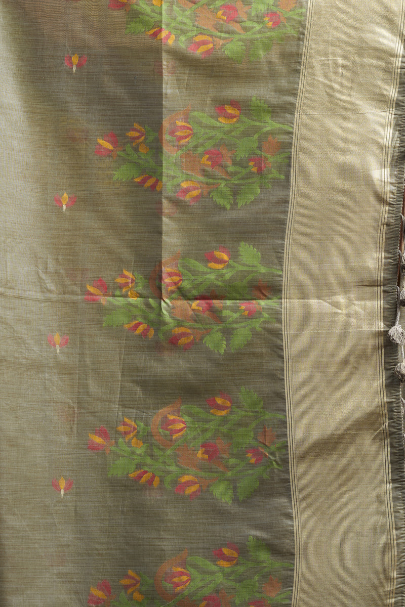 Pure Cotton Jamdani Saree with Zari Pallu Border & Matching Floral Weave Blouse