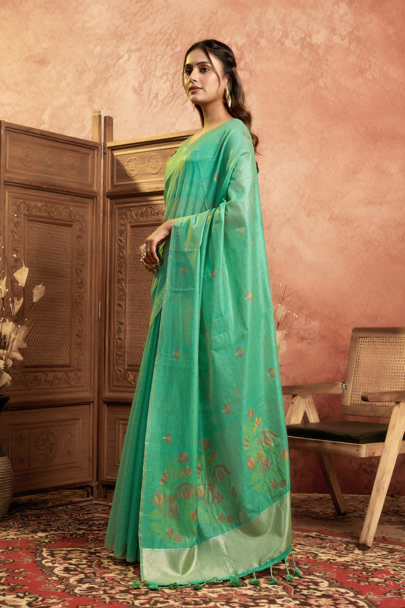 Pure Cotton Jamdani Saree with Zari Pallu Border & Matching Floral Weave Blouse