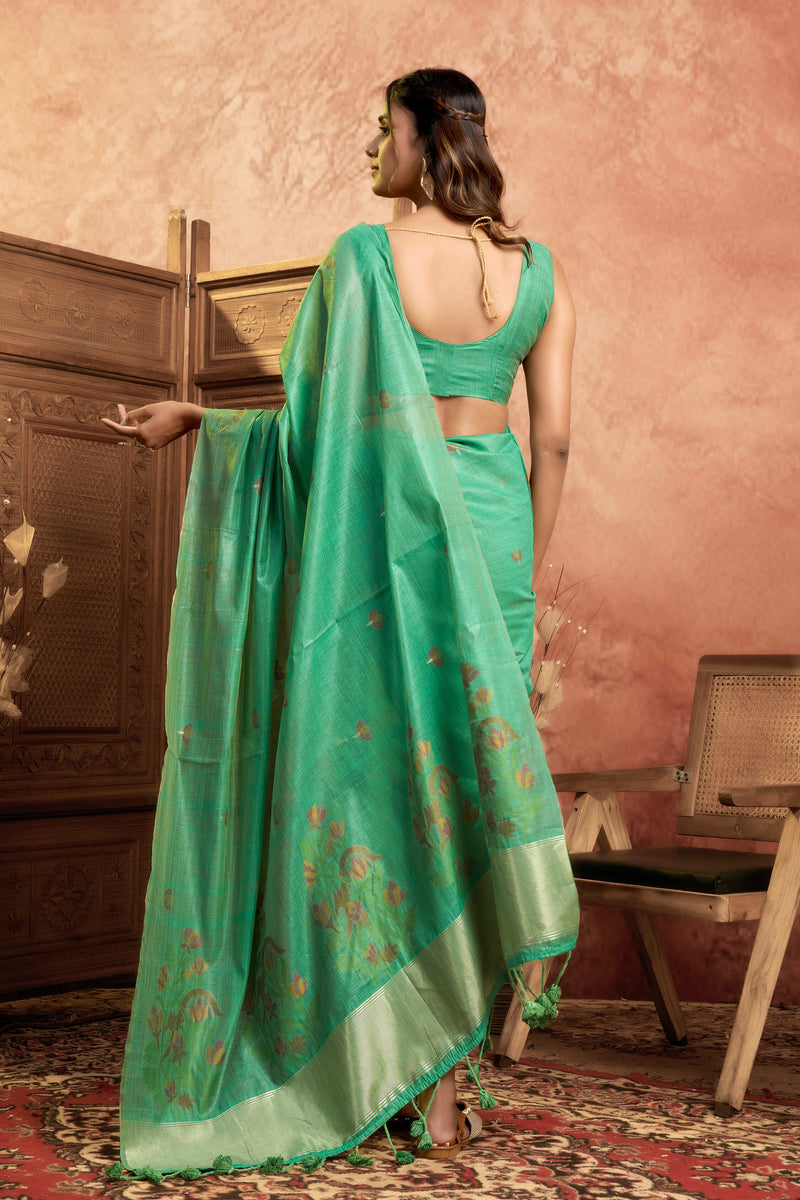 Pure Cotton Jamdani Saree with Zari Pallu Border & Matching Floral Weave Blouse