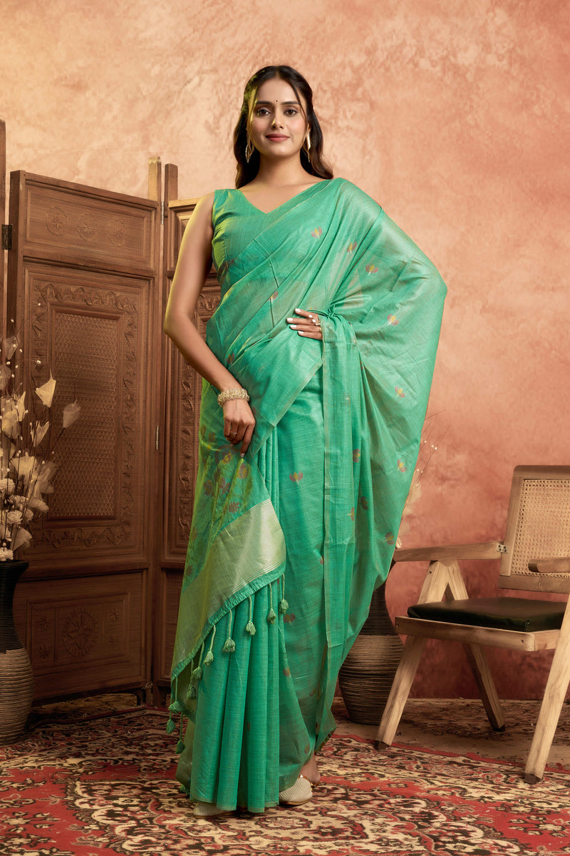 Pure Cotton Jamdani Saree with Zari Pallu Border & Matching Floral Weave Blouse