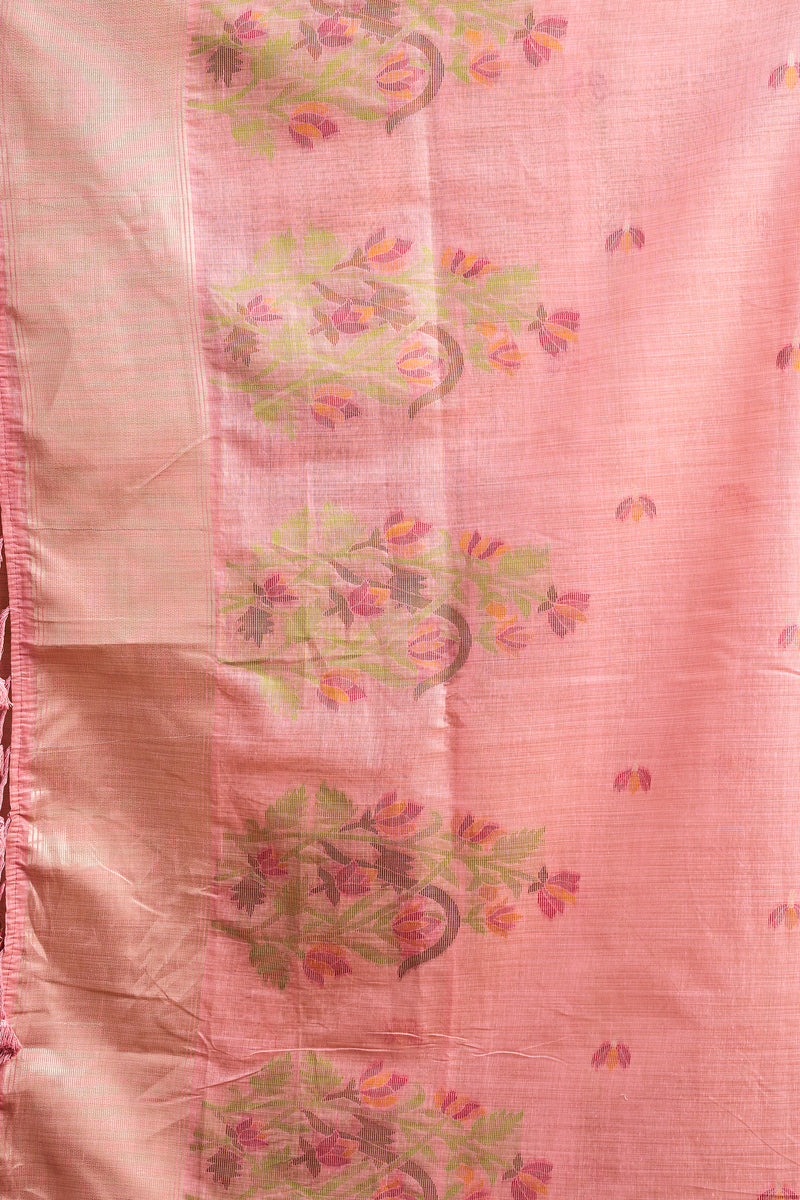 Pure Cotton Jamdani Saree with Zari Pallu Border & Matching Floral Weave Blouse