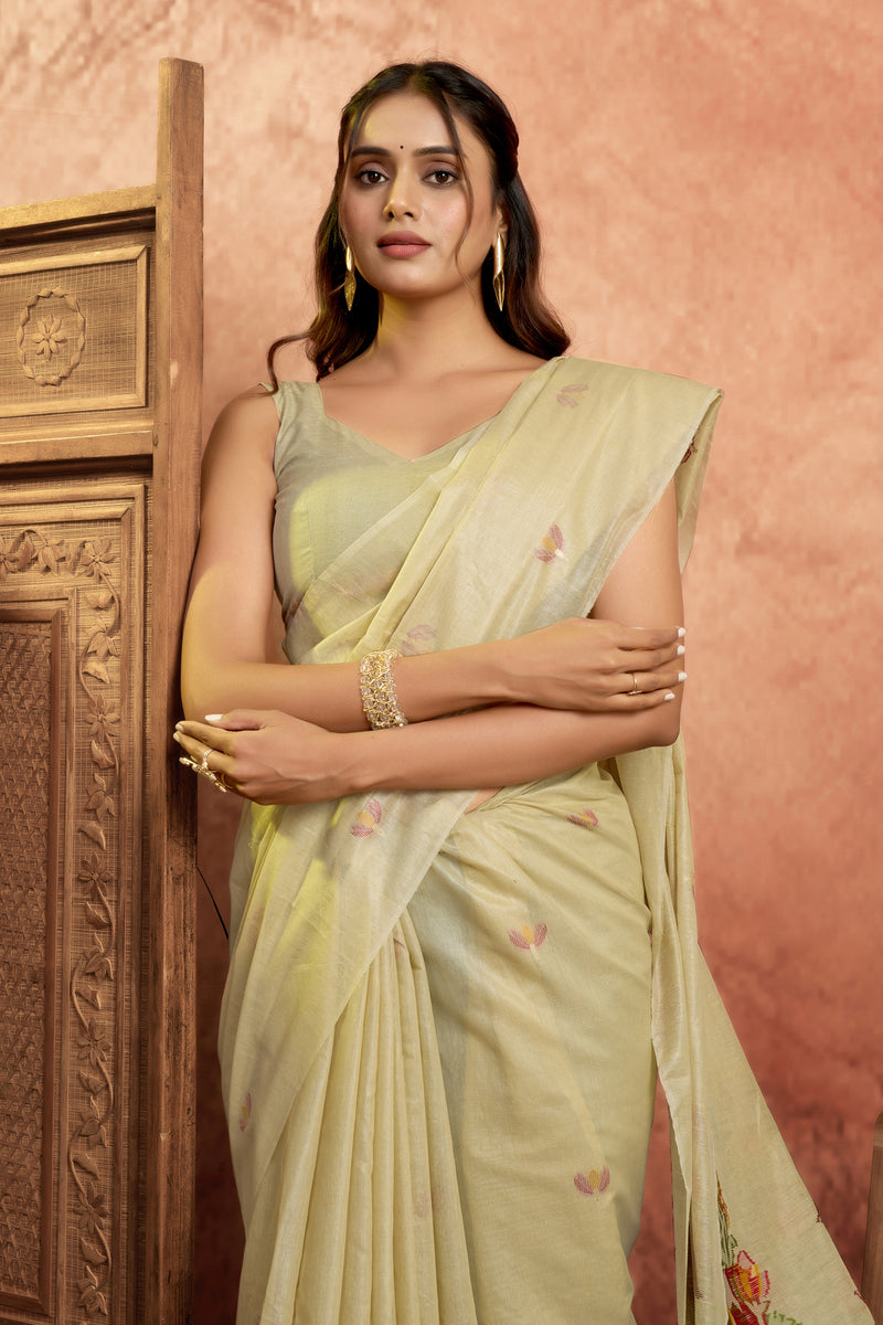 Pure Cotton Jamdani Saree with Zari Pallu Border & Matching Floral Weave Blouse