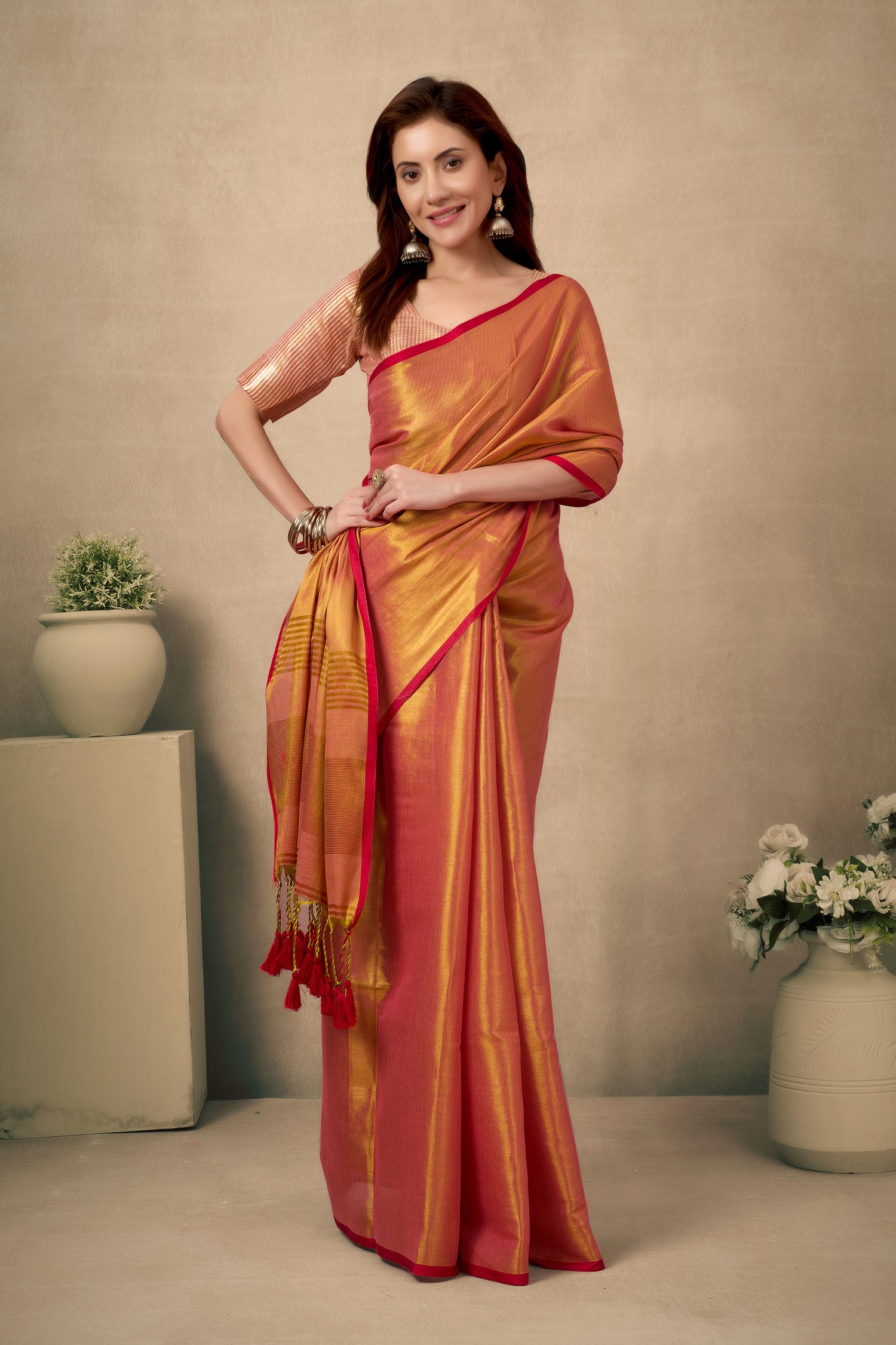 Pure Tissue Silk Saree with Contrast Weave Pallu & Border