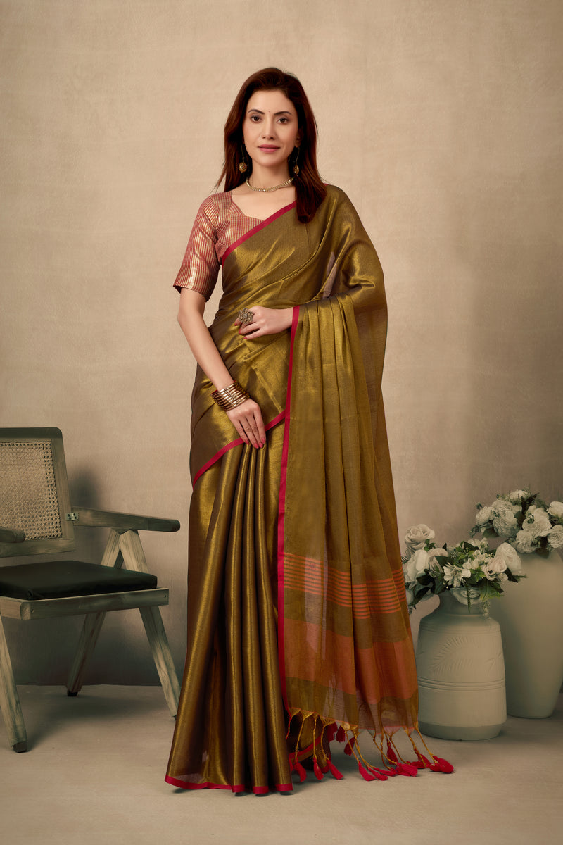 Pure Tissue Silk Saree with Contrast Weave Pallu & Border