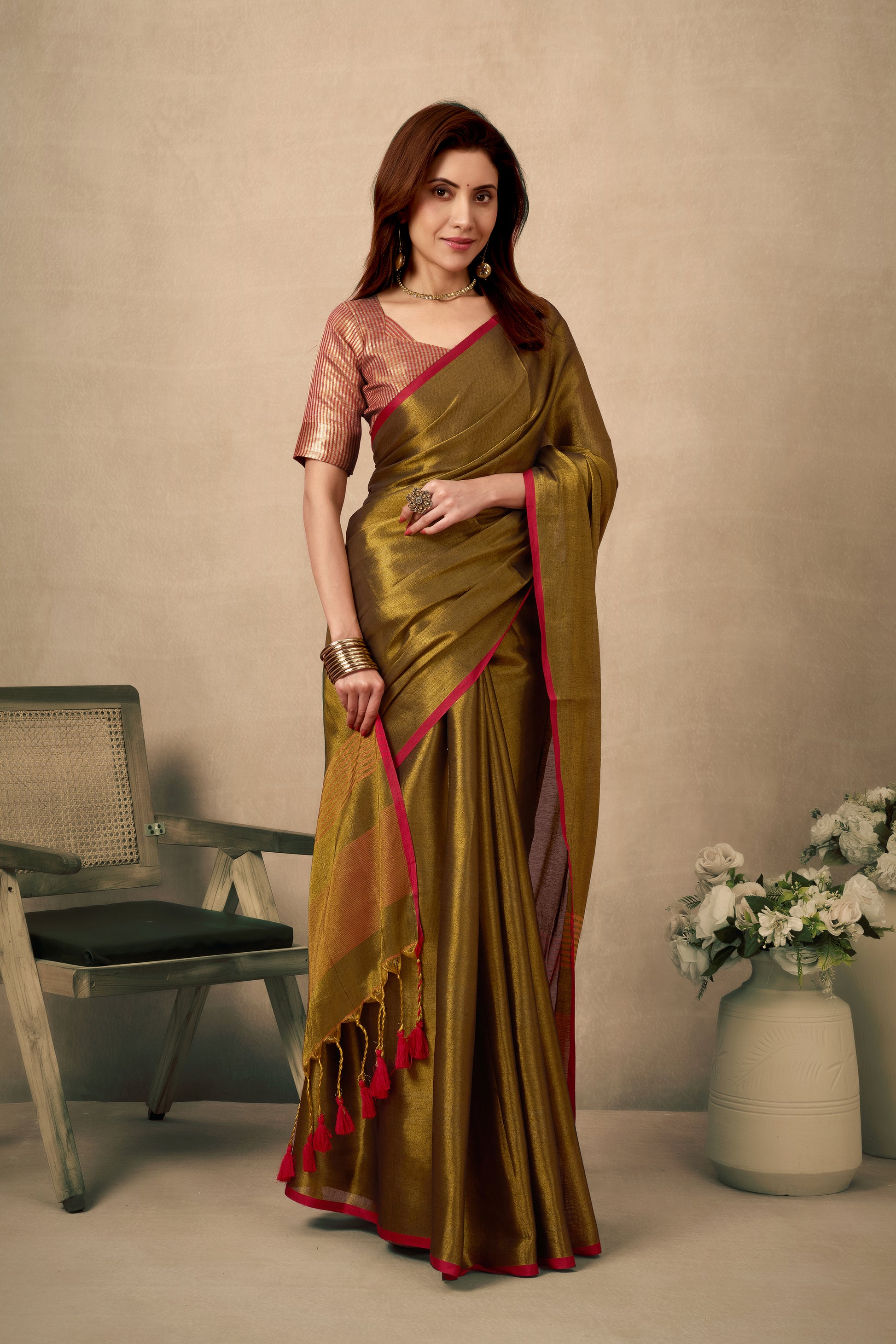 Pure Tissue Silk Saree with Contrast Weave Pallu & Border