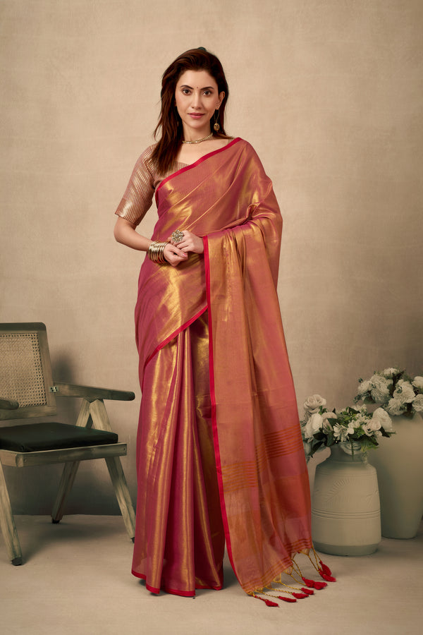 Pure Tissue Silk Saree with Contrast Weave Pallu & Border