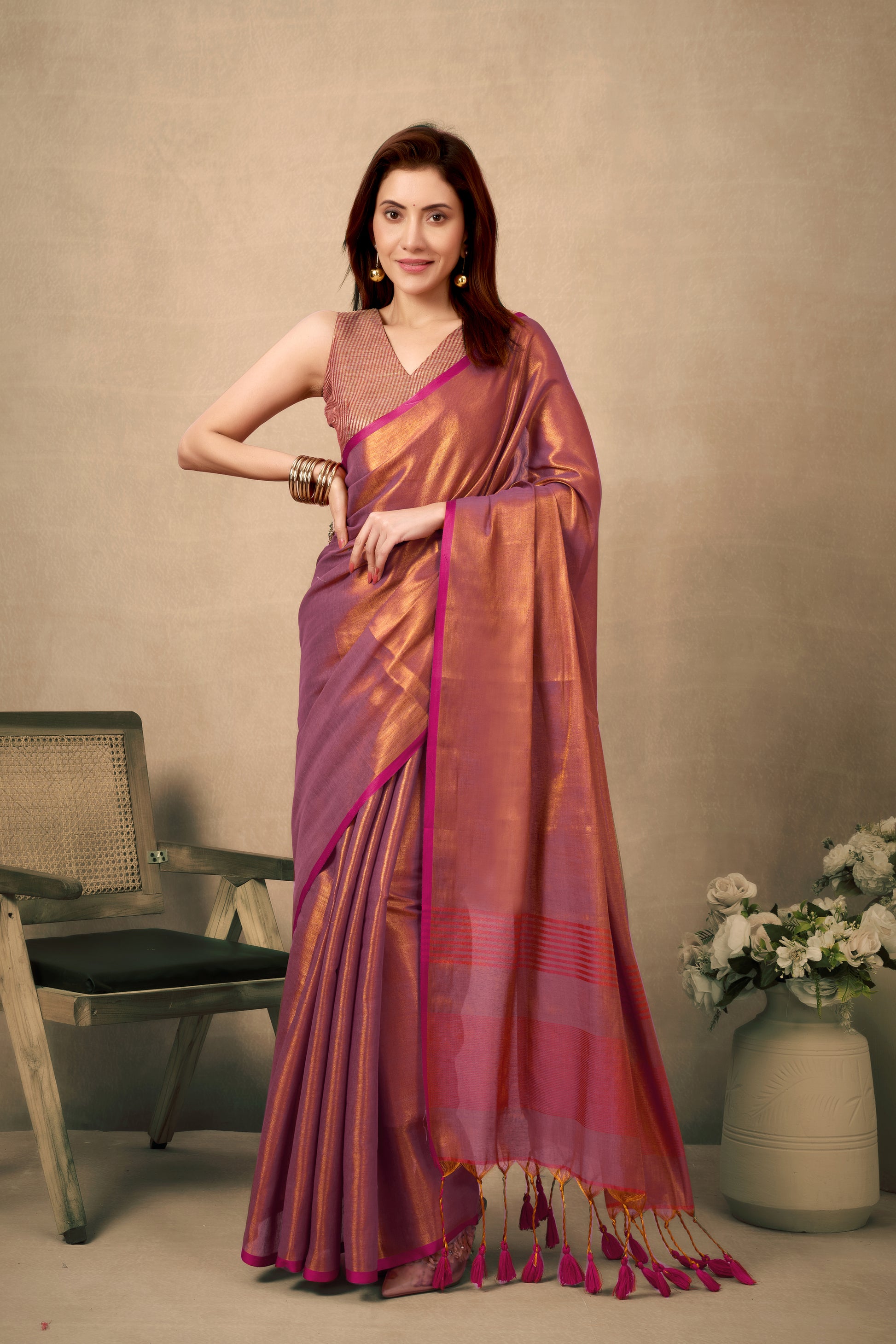 Pure Tissue Silk Saree with Contrast Weave Pallu & Border