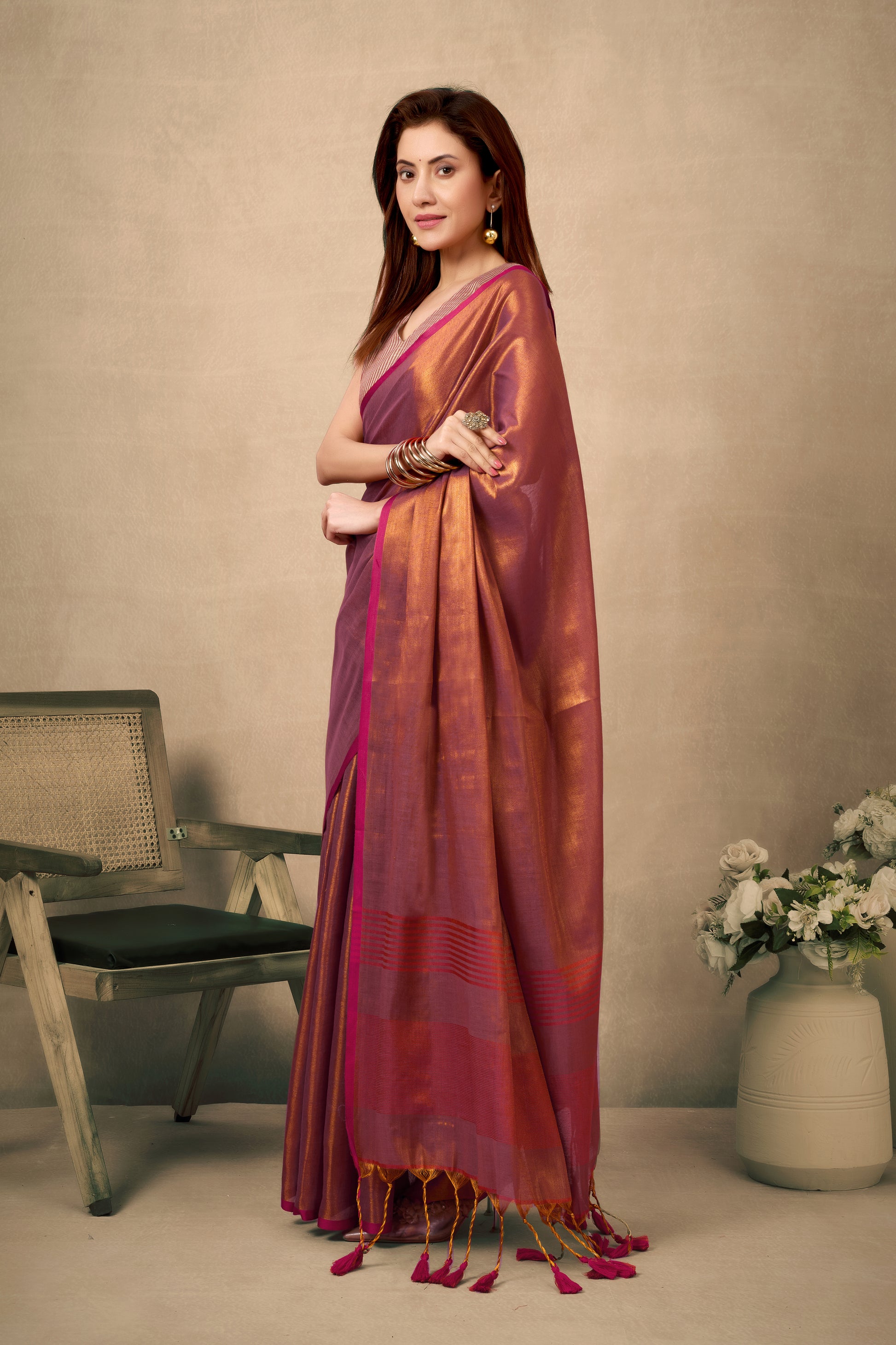 Pure Tissue Silk Saree with Contrast Weave Pallu & Border