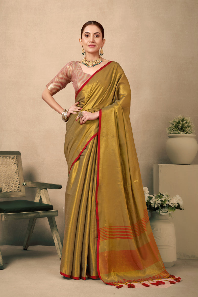 Pure Tissue Silk Saree with Contrast Weave Pallu & Border