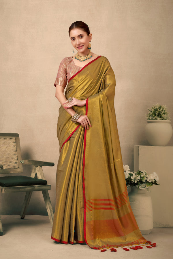 Pure Tissue Silk Saree with Contrast Weave Pallu & Border