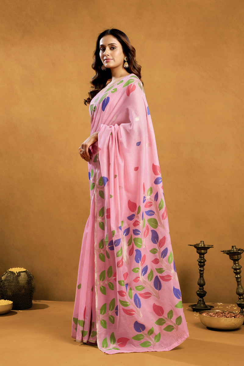 Pure Cotton Spun Floral Jamdani Weave Saree