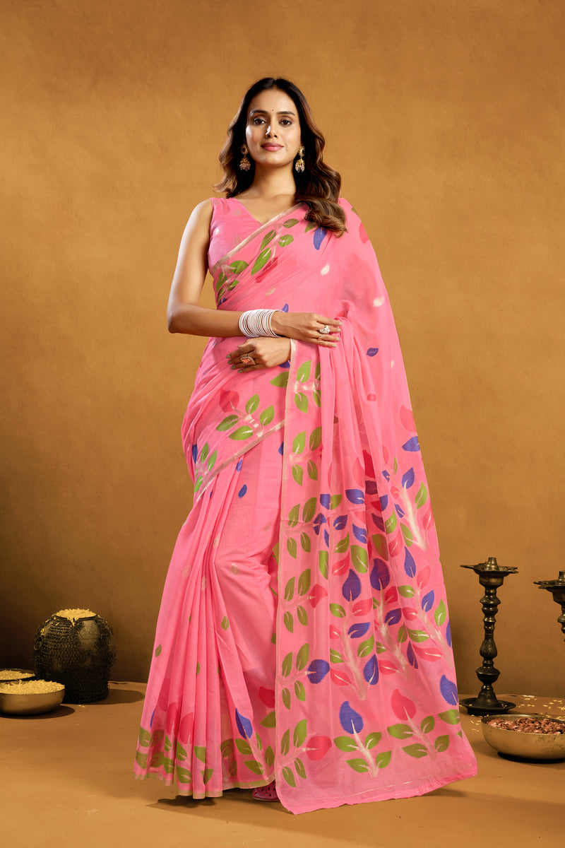 Pure Cotton Spun Floral Jamdani Weave Saree