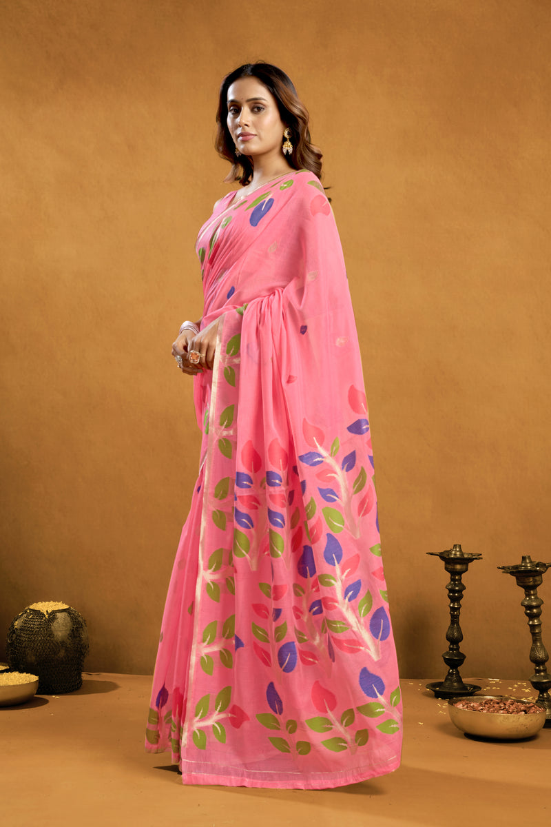 Pure Cotton Spun Floral Jamdani Weave Saree