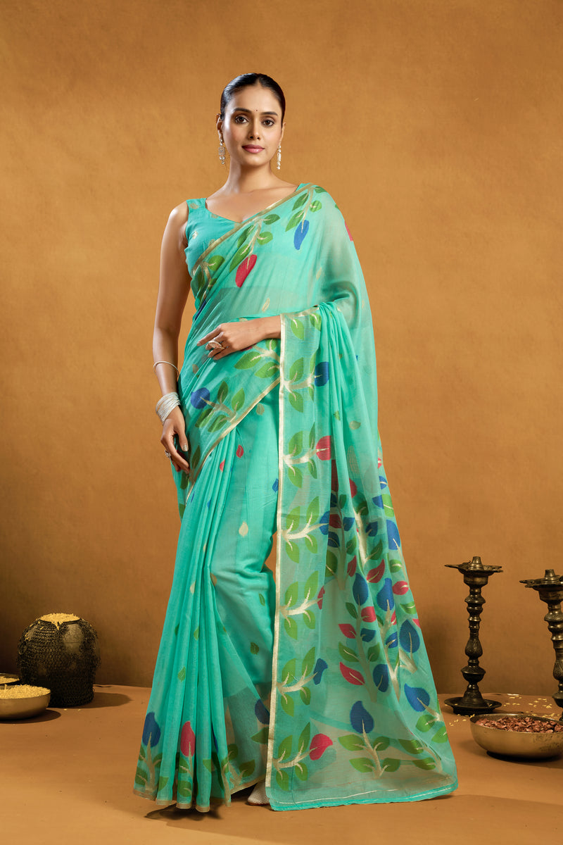 Pure Cotton Spun Floral Jamdani Weave Saree