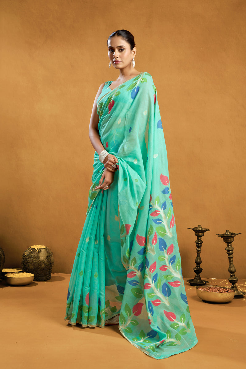 Pure Cotton Spun Floral Jamdani Weave Saree