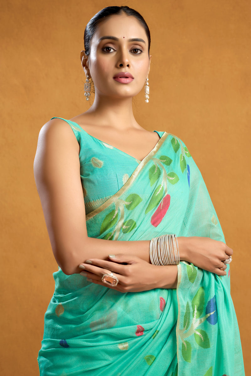 Pure Cotton Spun Floral Jamdani Weave Saree