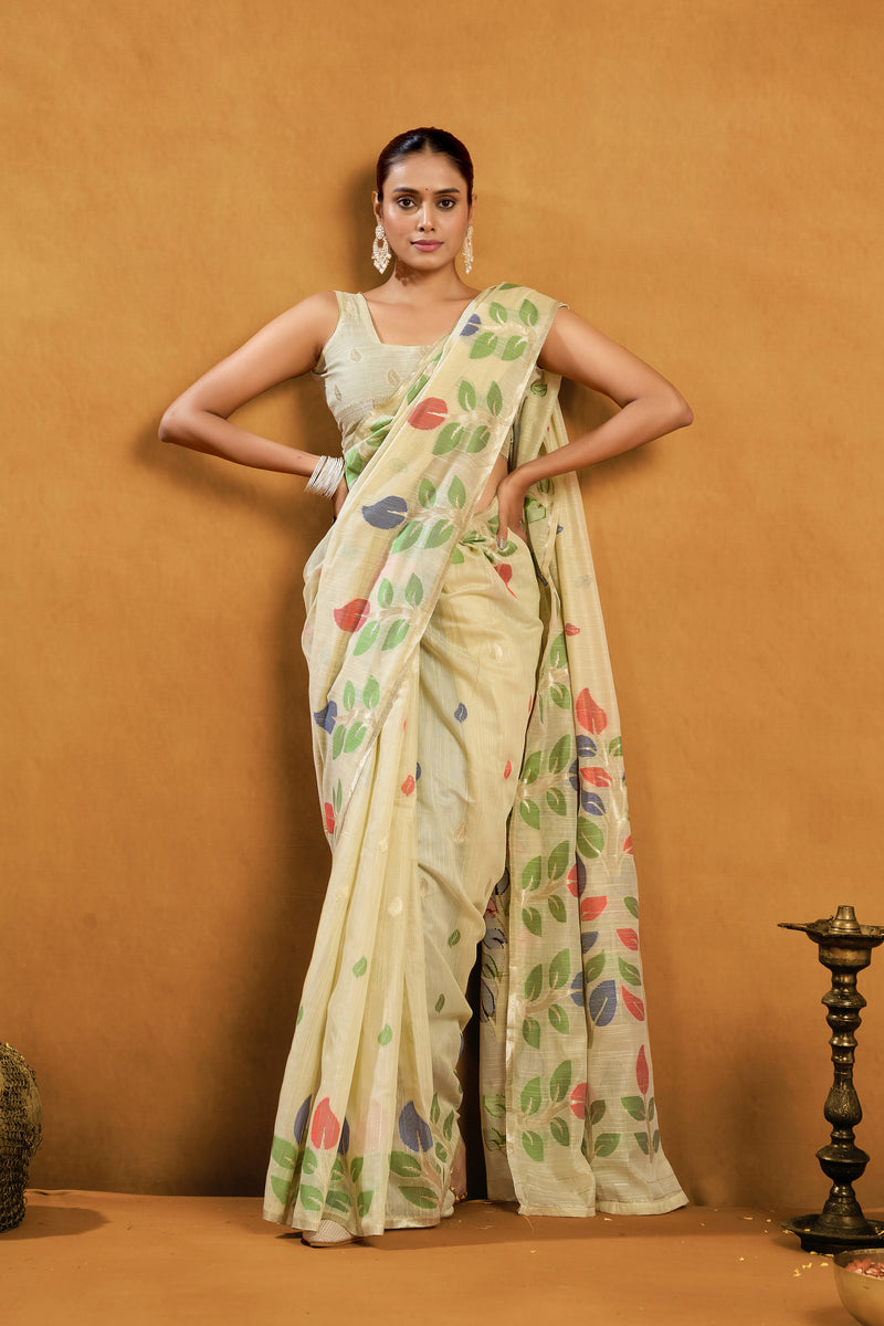 Pure Cotton Spun Floral Jamdani Weave Saree