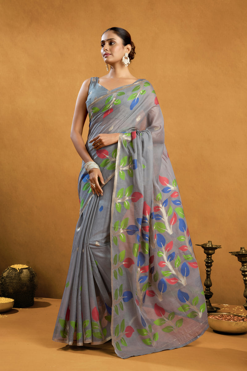 Pure Cotton Spun Floral Jamdani Weave Saree