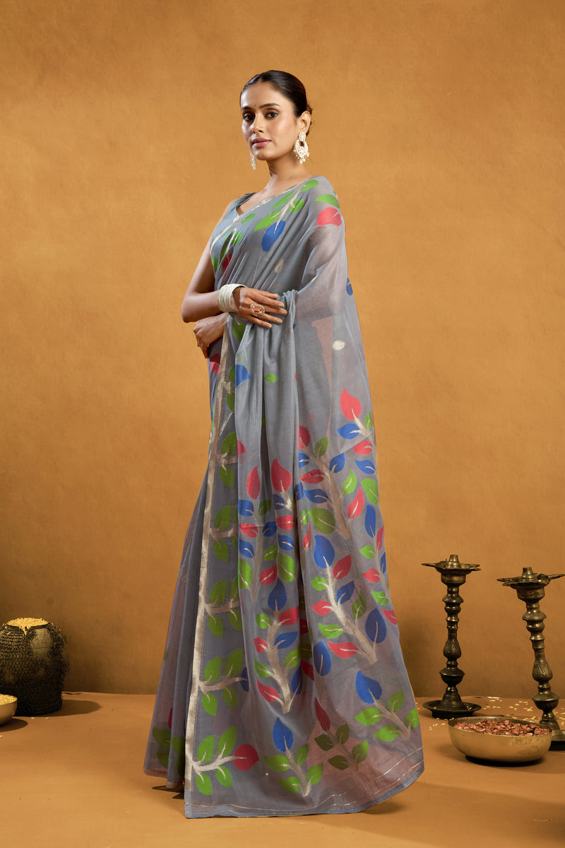 Pure Cotton Spun Floral Jamdani Weave Saree