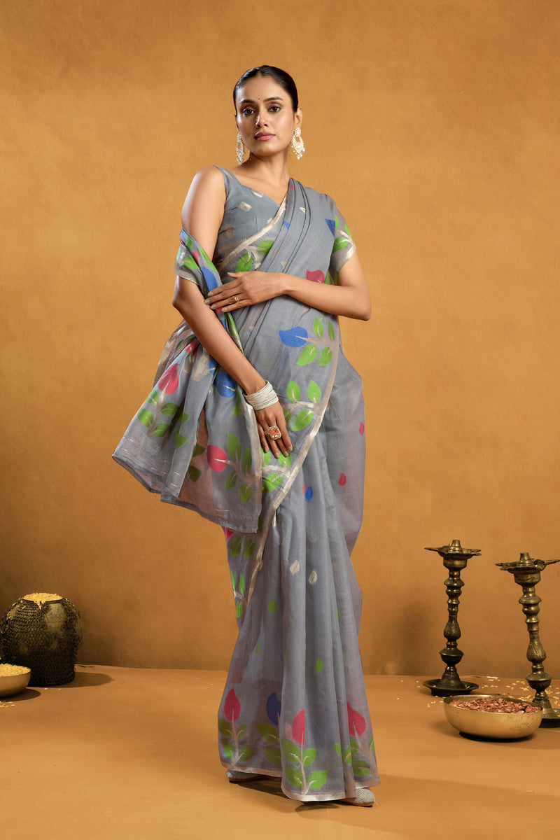 Pure Cotton Spun Floral Jamdani Weave Saree