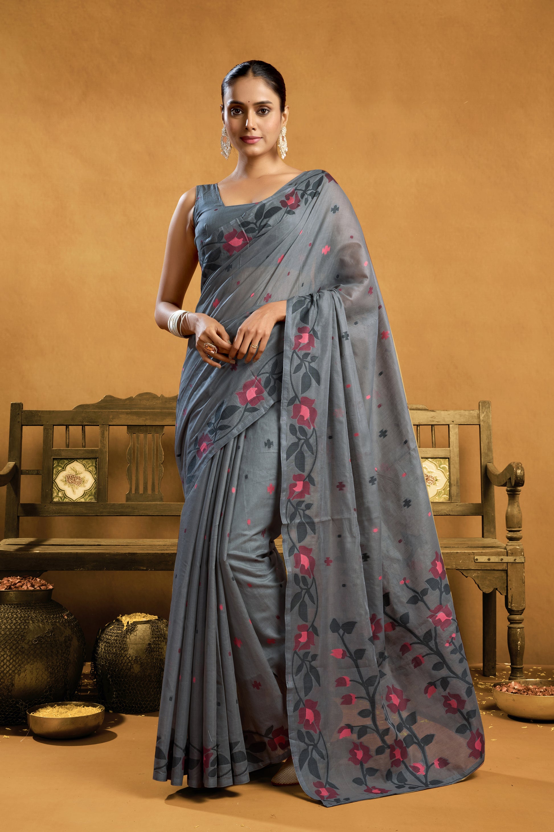 Pure Cotton Spun Floral Jamdani Saree