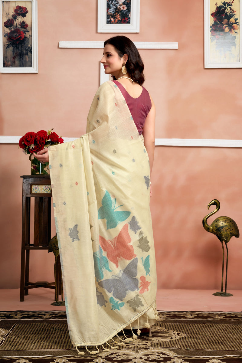 Pure Mul Cotton Handloom Saree with Butterfly Weave
