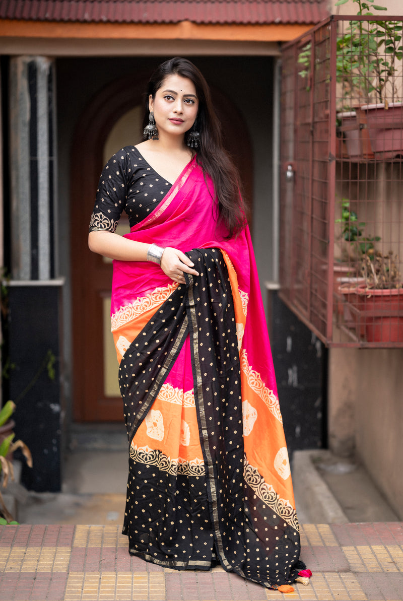 Magic Rangoli Chanderi Cotton Saree with Zari Pattu Border & Bandhani Prints