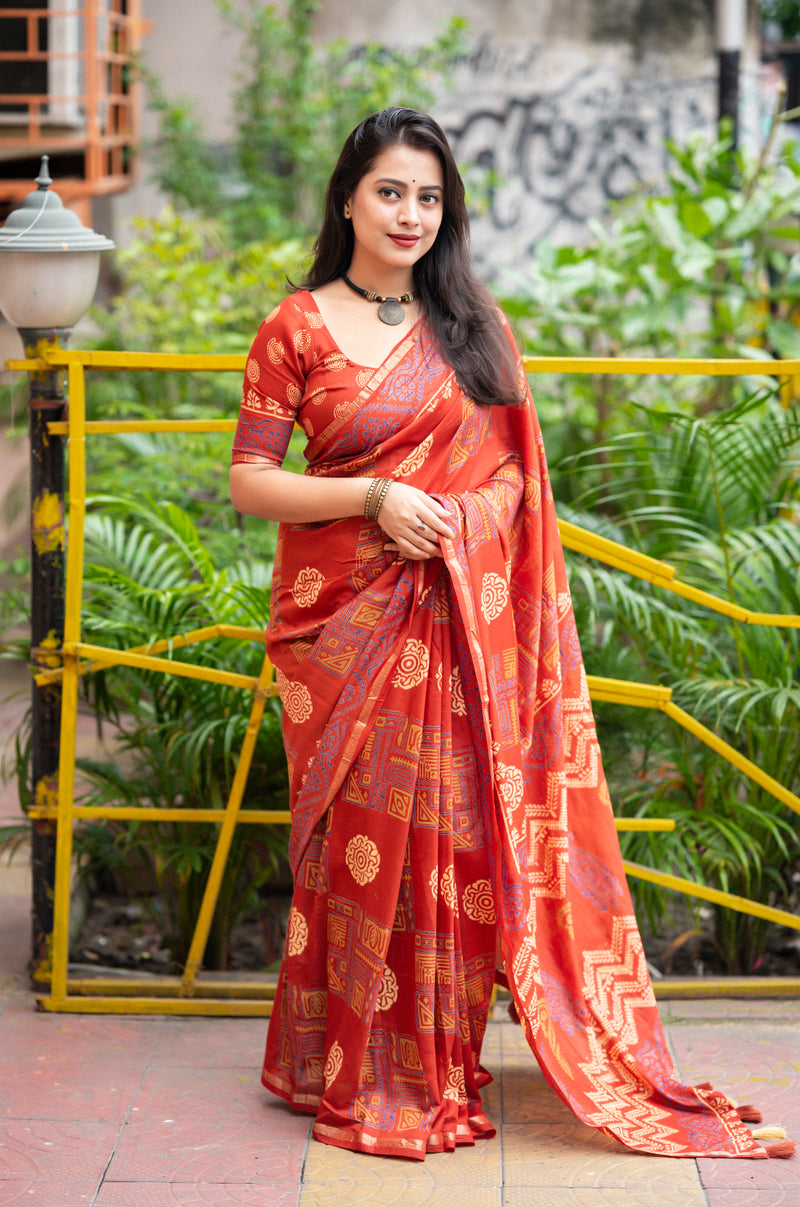 Timeless Ajrakh Hand Block Chanderi Cotton Saree