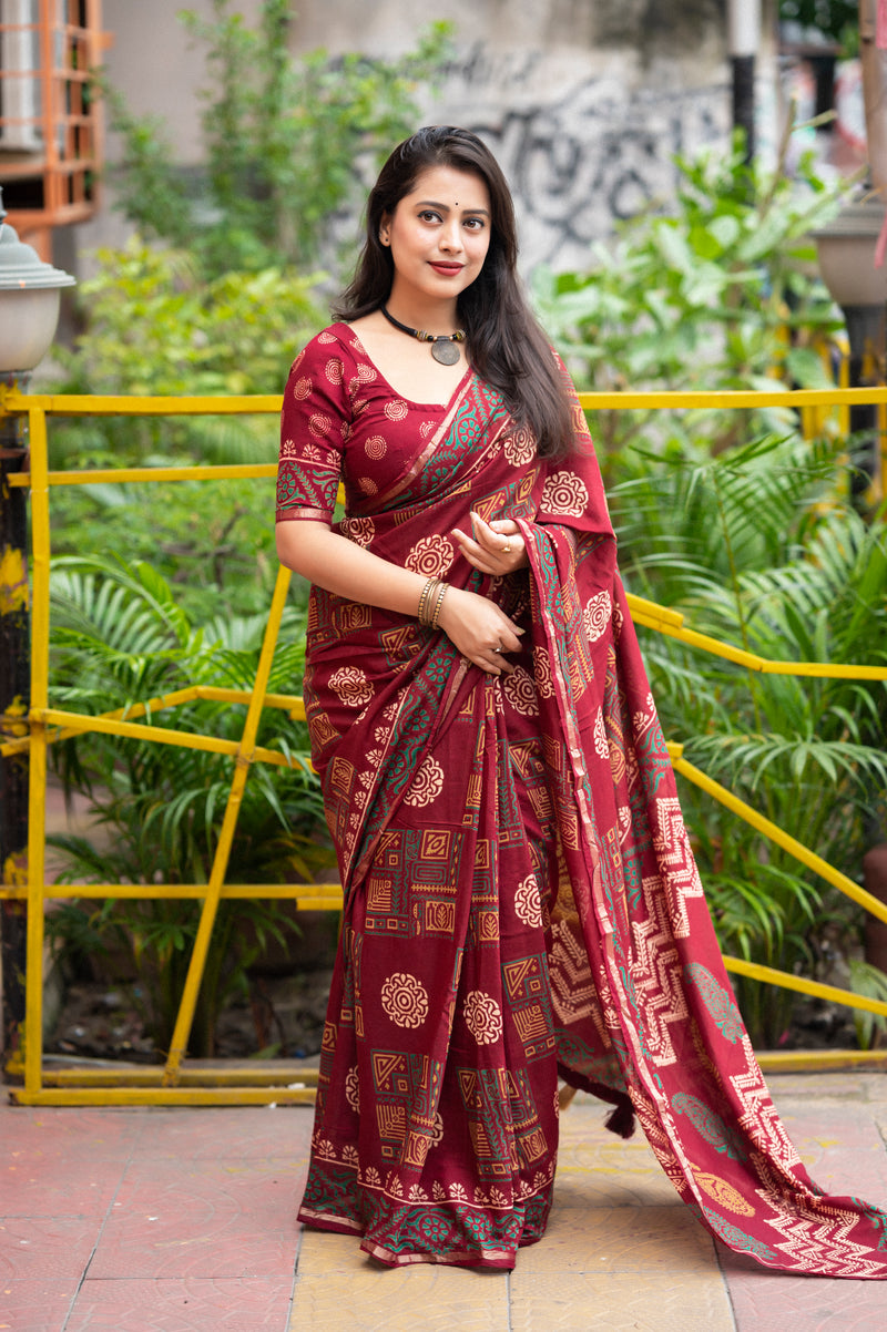 Timeless Ajrakh Hand Block Chanderi Cotton Saree