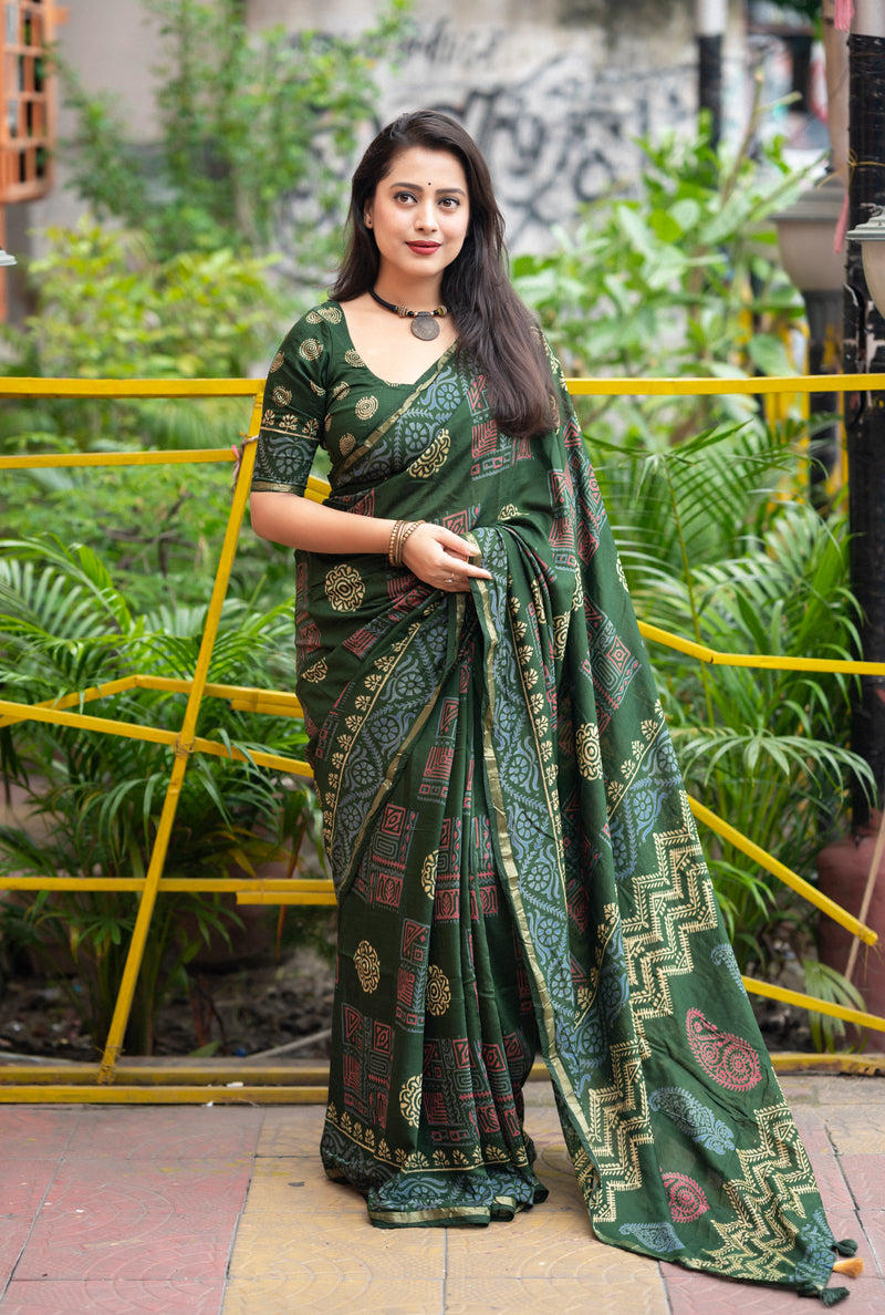 Timeless Ajrakh Hand Block Chanderi Cotton Saree