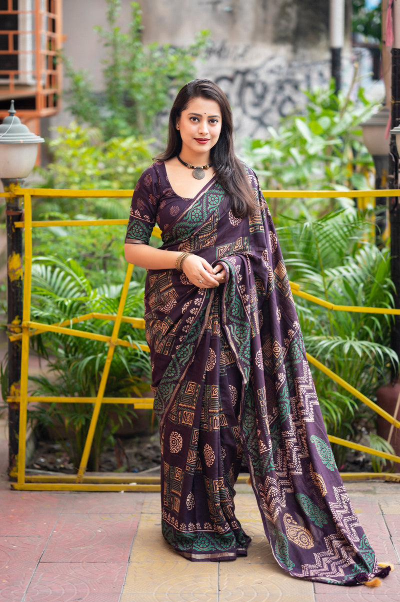 Timeless Ajrakh Hand Block Chanderi Cotton Saree