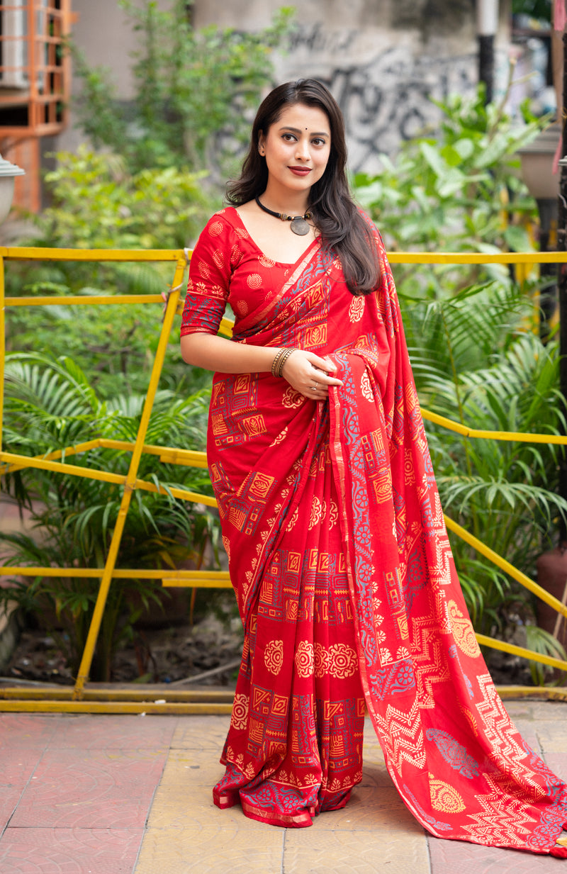 Timeless Ajrakh Hand Block Chanderi Cotton Saree