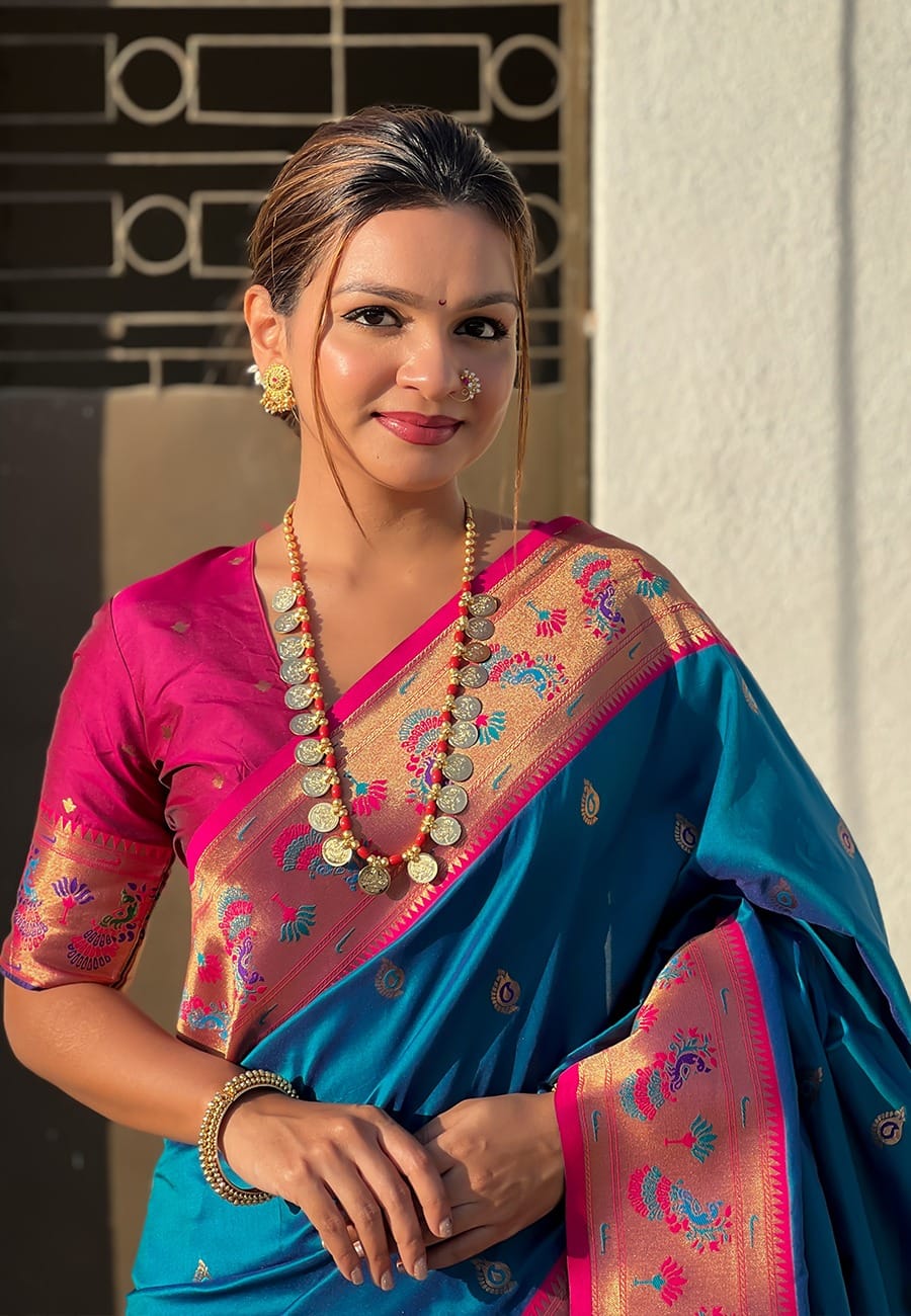 Gayatri Paithani Soft Silk Saree with Meenakari Weave & Brocade Blouse