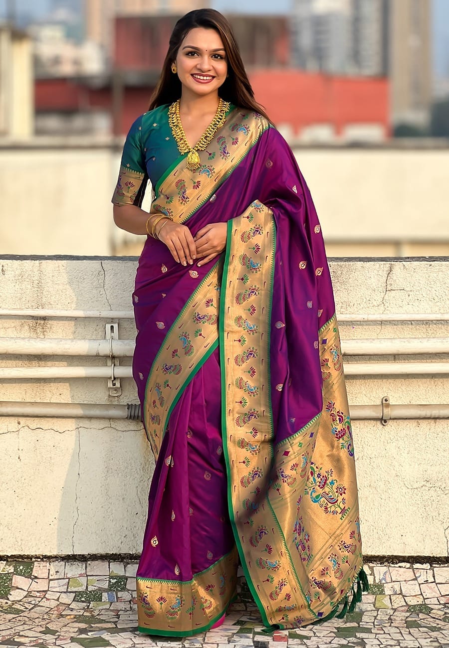 Paithani Soft Silk Saree with Meenakari Weave & Brocade Blouse