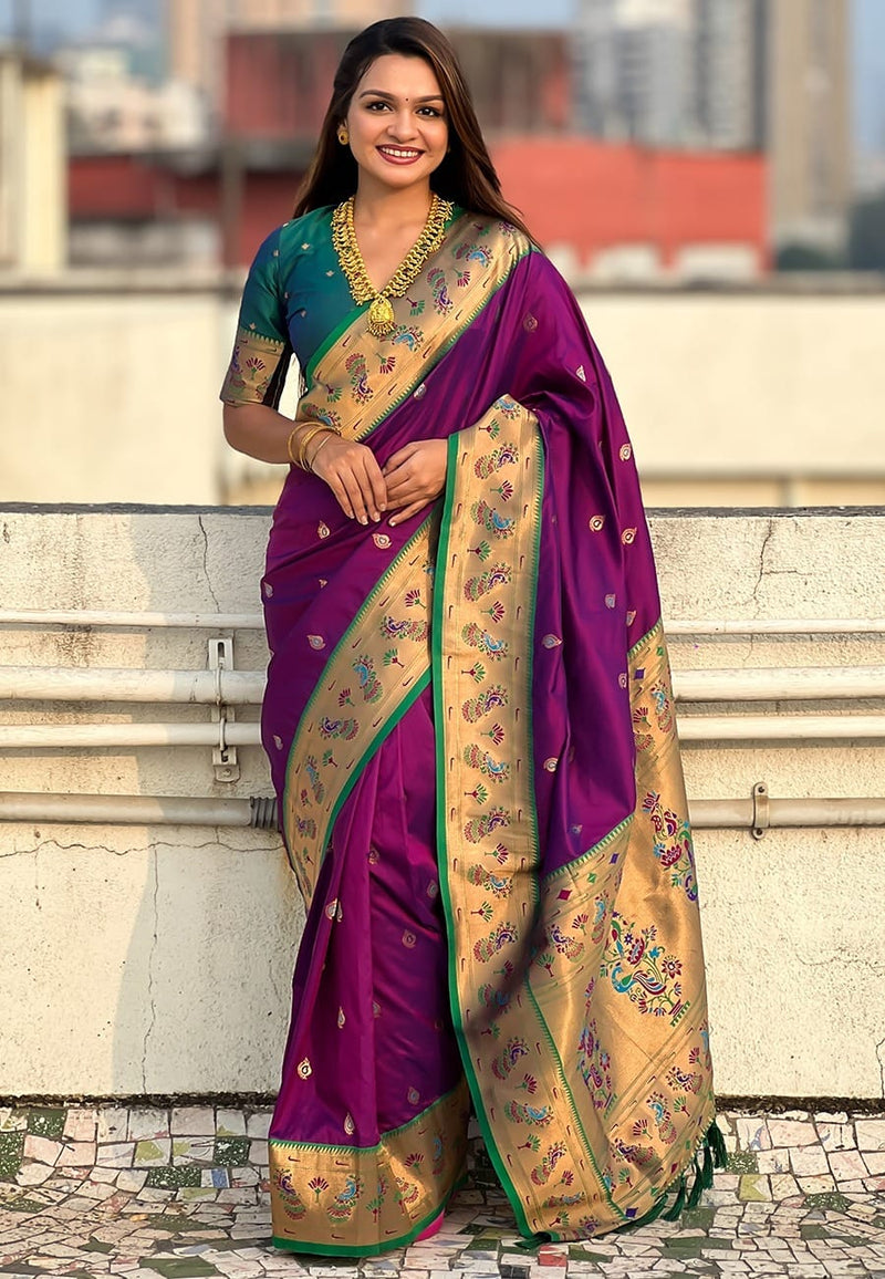 Paithani Soft Silk Saree with Meenakari Weave & Brocade Blouse