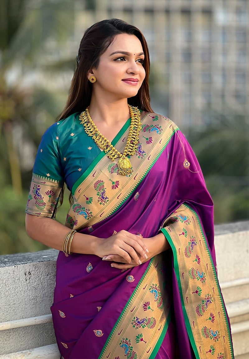 Paithani Soft Silk Saree with Meenakari Weave & Brocade Blouse