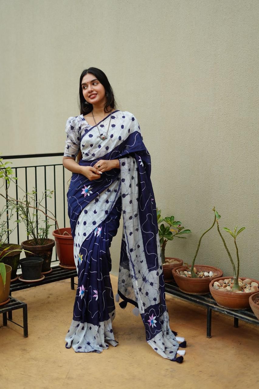 Hand Painted Pure Chanderi Cotton Saree with Batik Prints