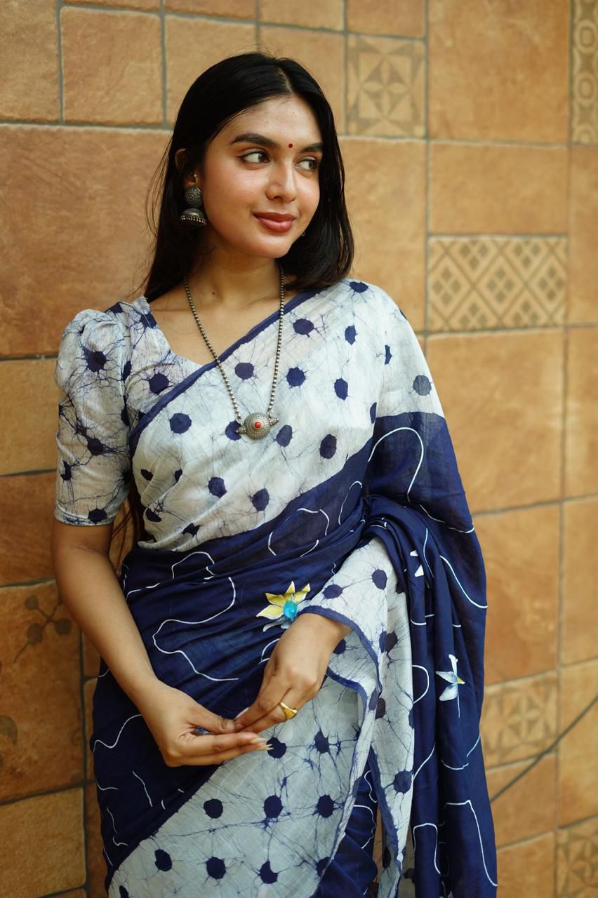 Hand Painted Pure Chanderi Cotton Saree with Batik Prints