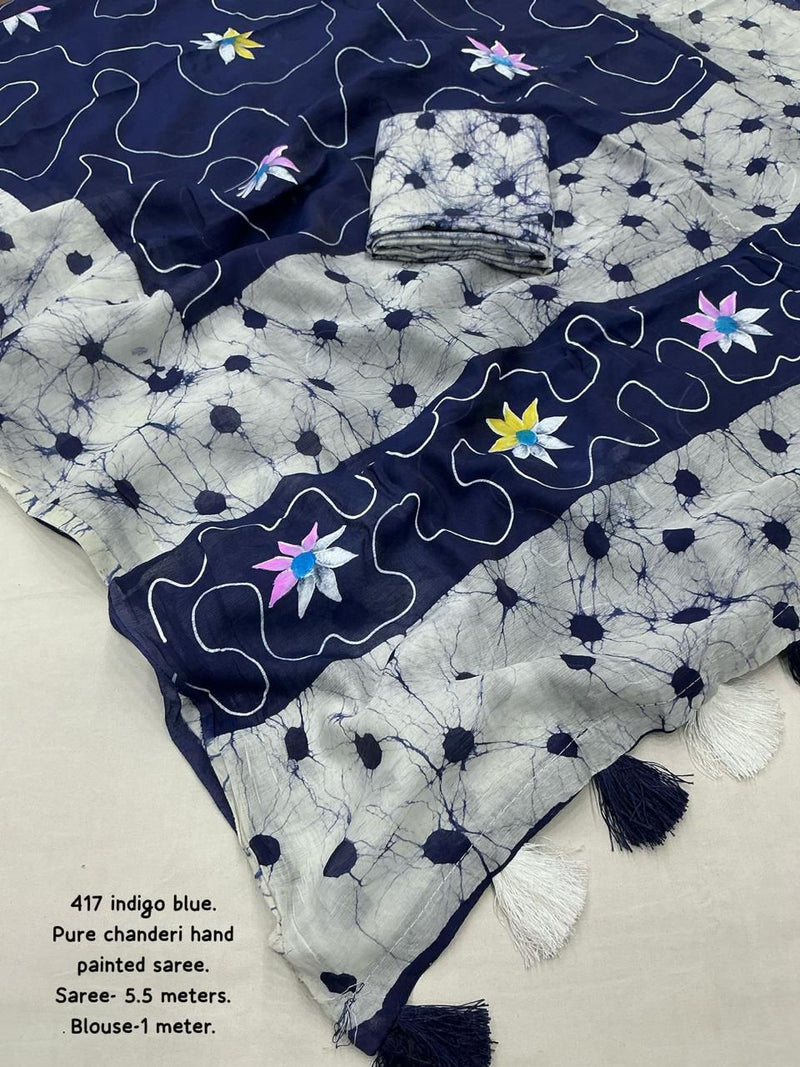Hand Painted Pure Chanderi Cotton Saree with Batik Prints