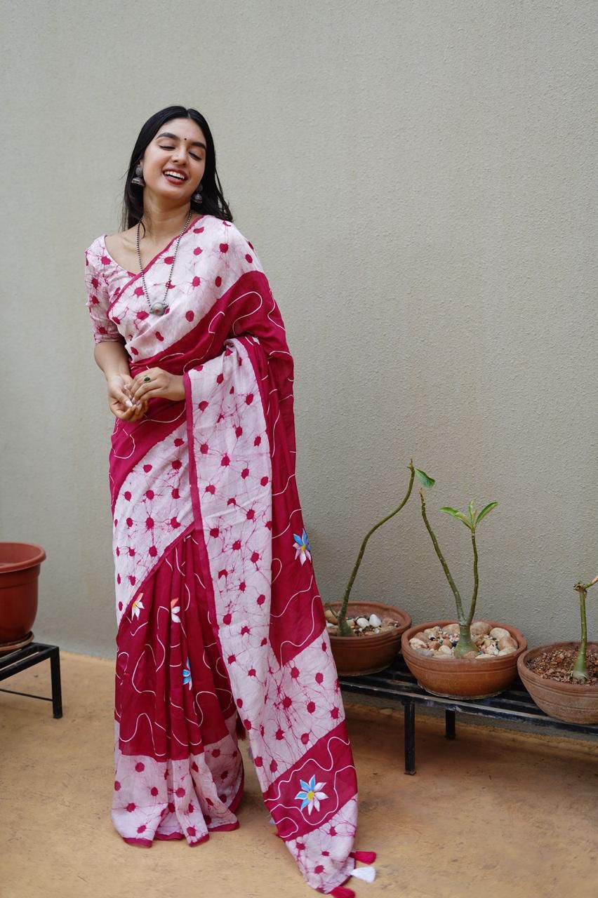 Hand Painted Pure Chanderi Cotton Saree with Batik Prints